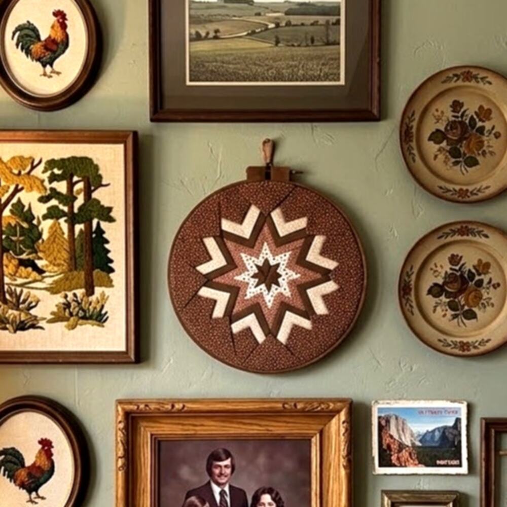 handmade folded star quilted wall hanging round wooden embroidery hoop vintage